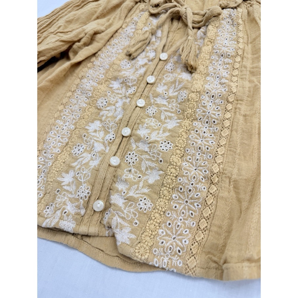 American Eagle Boho Spring Top Sz M Mustard Tassels Lace Eyelet Cropped Festival - Picture 4 of 9